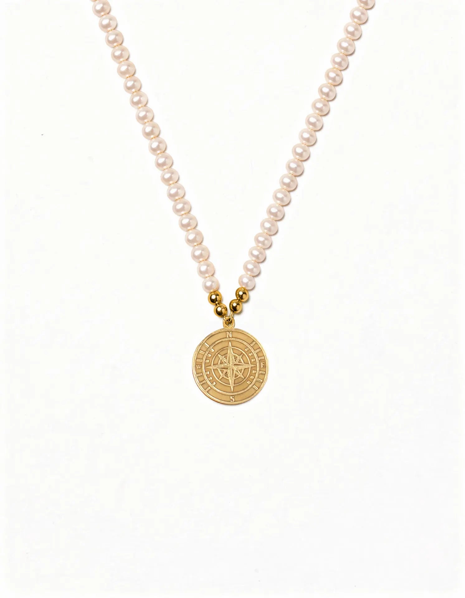 Pearl Necklace with Gold Compass Charm