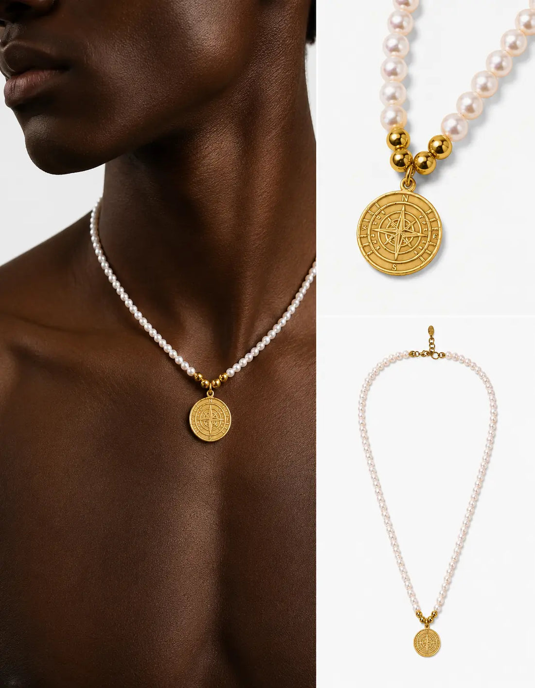 Pearl Necklace with Gold Compass Charm