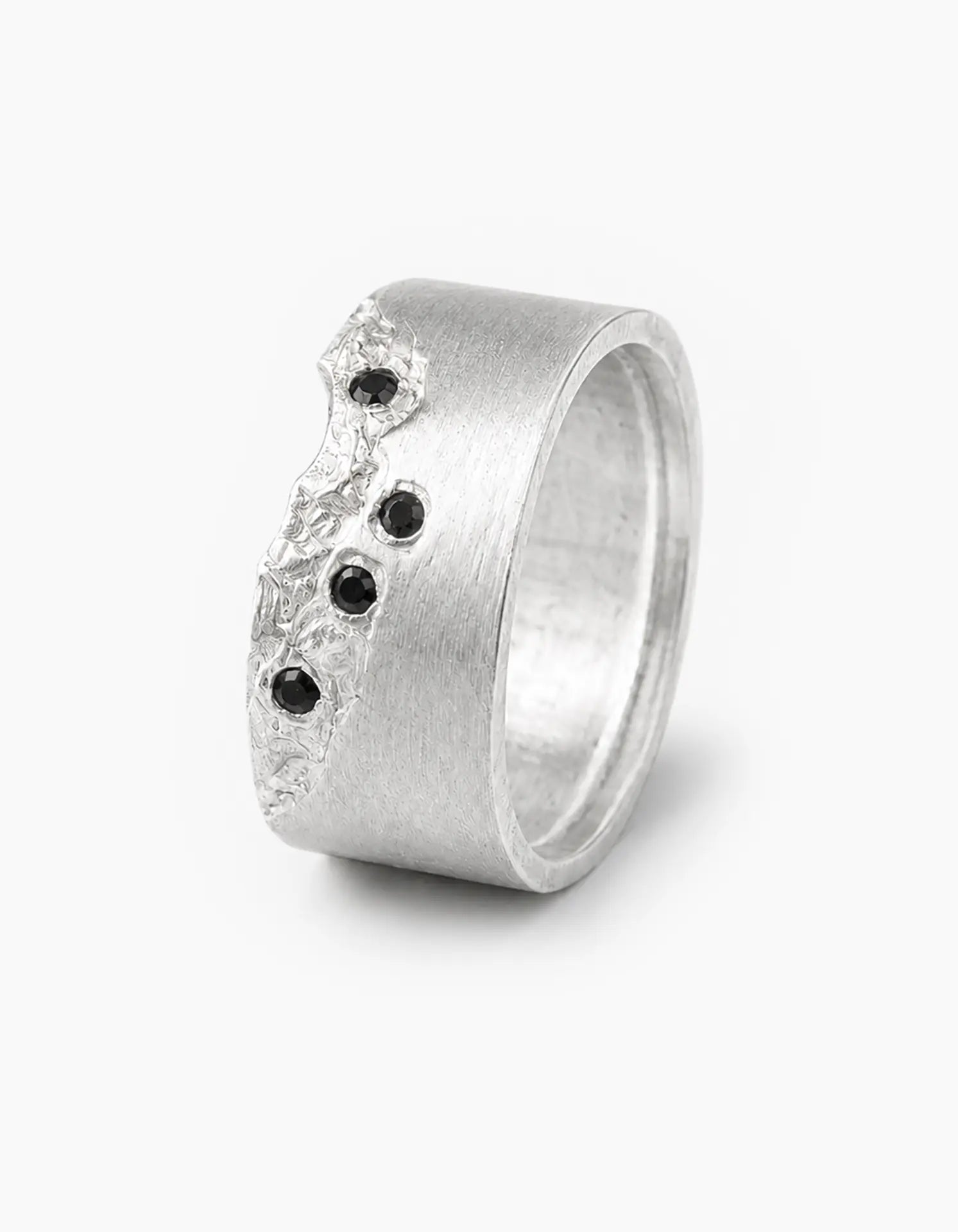 Textured Band Ring with Black Stones
