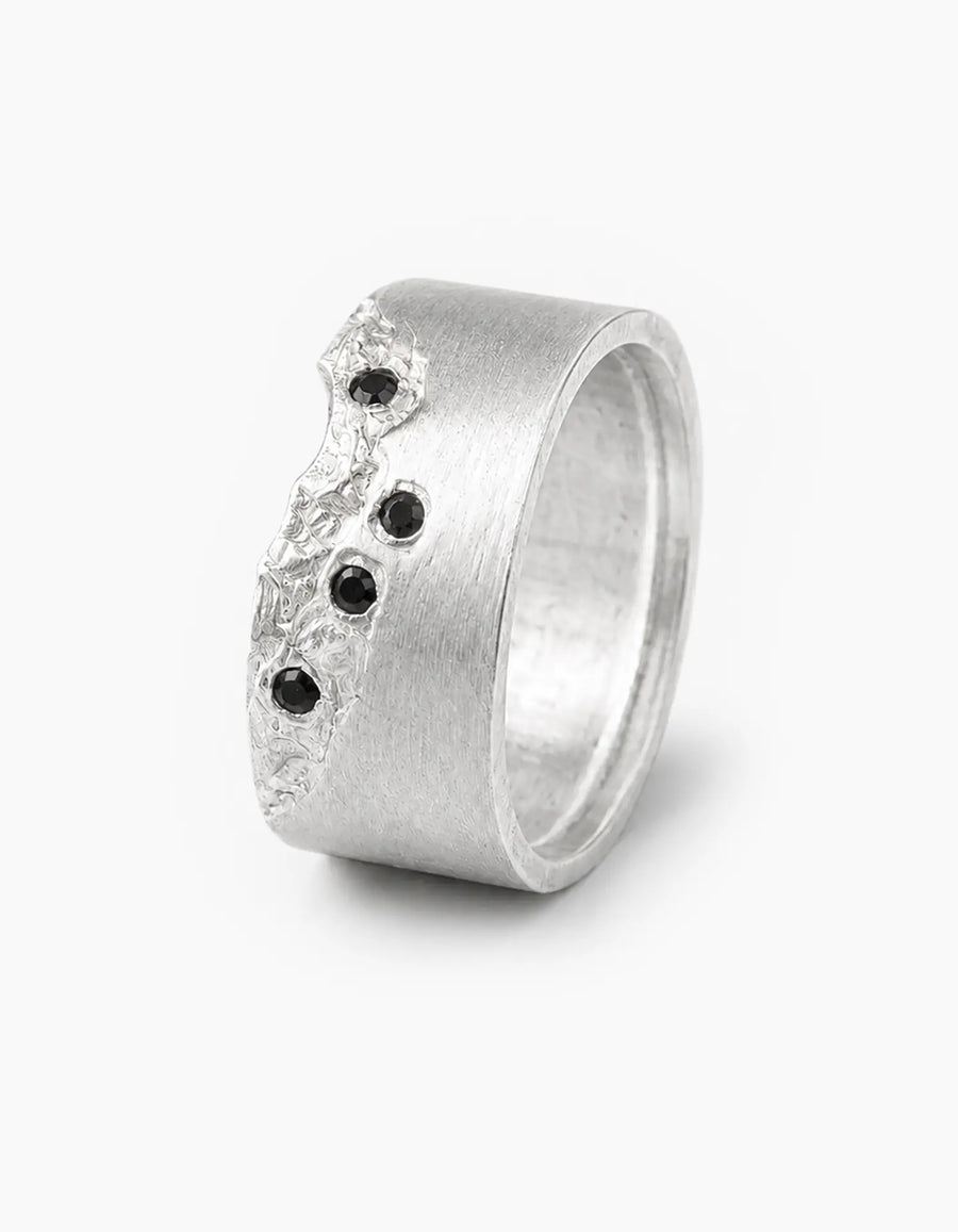 Textured Band Ring with Black Stones