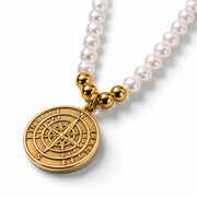 Pearl Necklace with Gold Compass Charm ZJ jewellery  Pearl Necklace with Gold Compass Charm