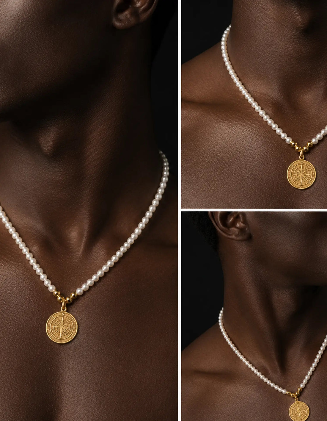 Pearl Necklace with Gold Compass Charm